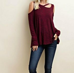 Burgundy Cold Shoulder Cut Out Neck Tunic Top